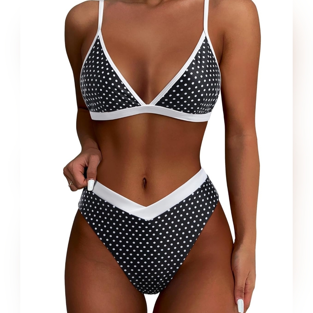 SUUKSESS Women Triangle High Cut Polka Dot Bikini Sets Largw